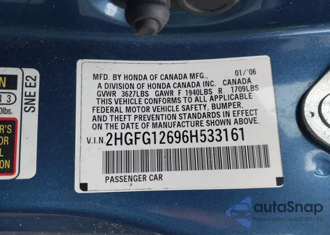2006 Honda Civic Lx from USA, damaged, VIN 2HGFG12696H533161